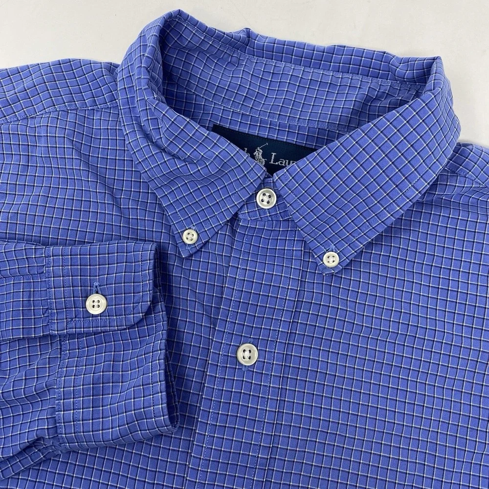 Ralph Lauren Button Down Shirt Mens Large Blue Check Classic Fit Cotton Long Slv